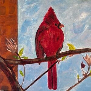7 x 9 inch Red Cardinal bird original thin acrylic painting on canvas tree